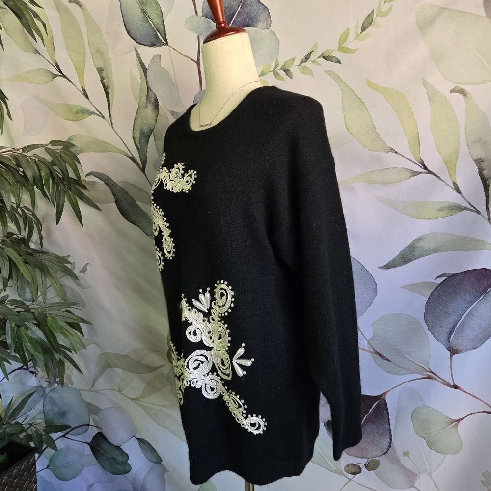 EMINENT | Vintage Lamb/Angora Rabbit Hair Embroidered Pearl Beaded Sweater sz M - Picture 3 of 8